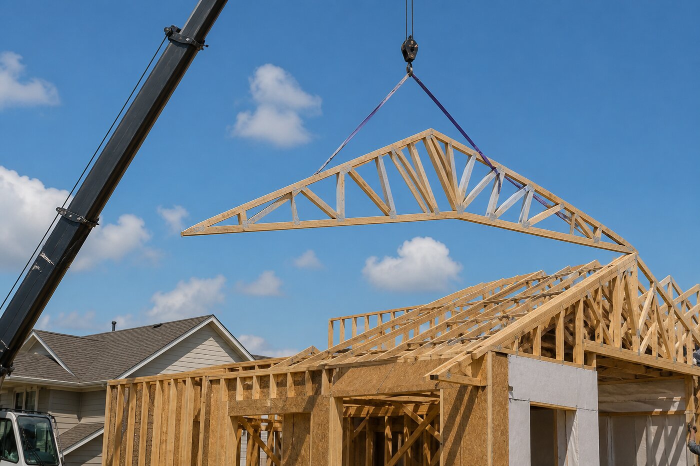 Crane setting roof trusses on a residential build